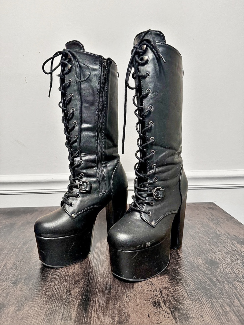 Gothic Black Platform Knee High Lace-Up Boots